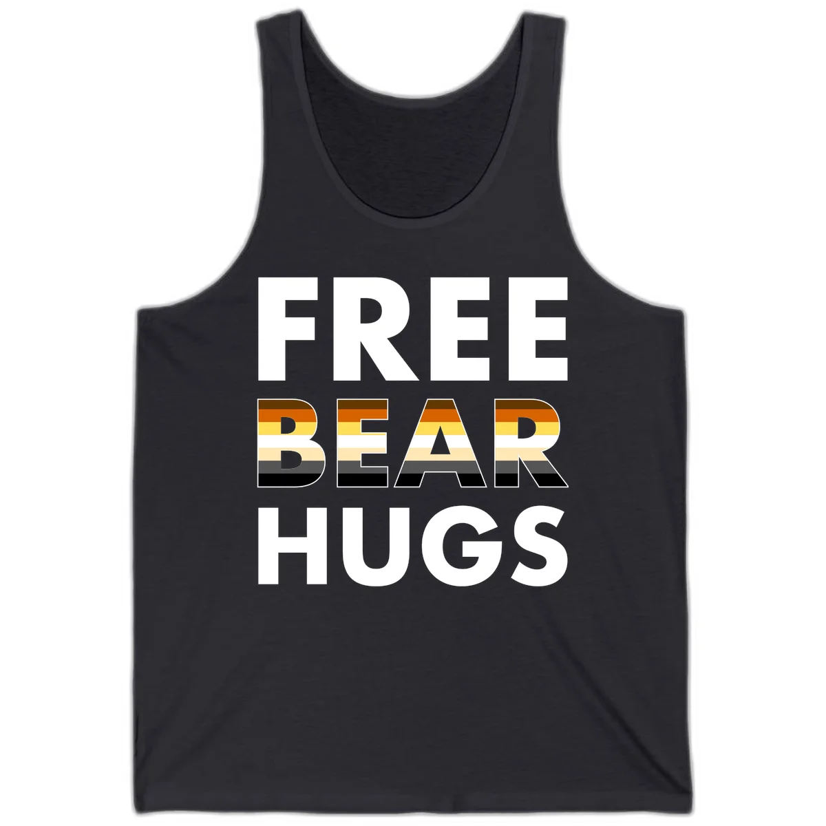 Free Bear Hugs design with bear flag stripes in brown, orange, yellow, tan and black colors featuring pride triangle symbol in Dark Grey