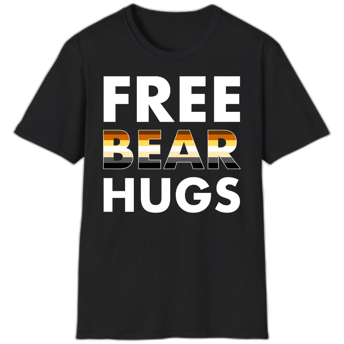 Free Bear Hugs design with bear flag stripes in brown, orange, yellow, tan and black colors featuring pride triangle symbol in Black