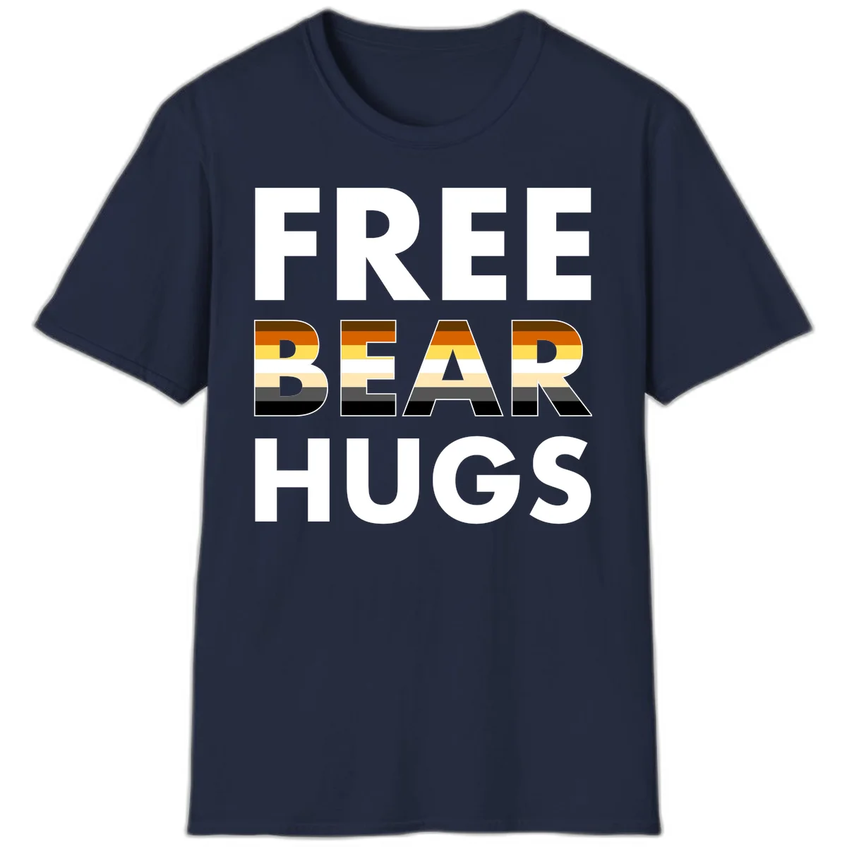 Free Bear Hugs design with bear flag stripes in brown, orange, yellow, tan and black colors featuring pride triangle symbol in Navy