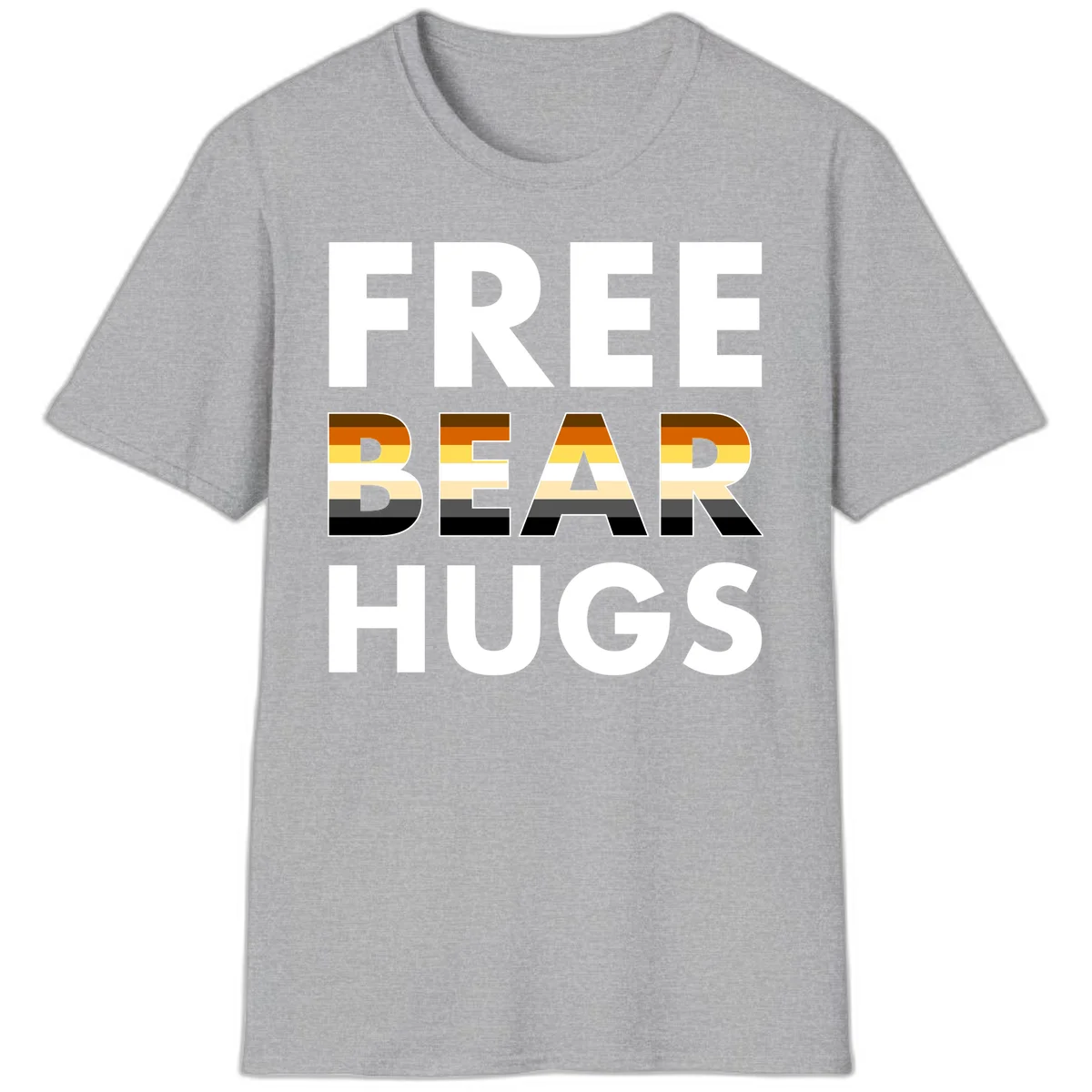 Free Bear Hugs design with bear flag stripes in brown, orange, yellow, tan and black colors featuring pride triangle symbol in Sport Grey