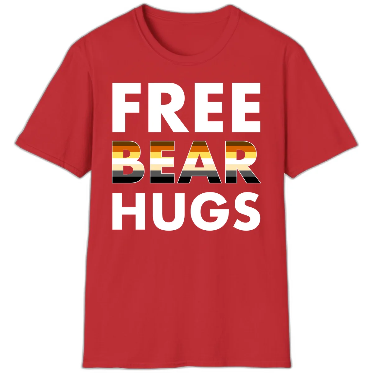 Free Bear Hugs design with bear flag stripes in brown, orange, yellow, tan and black colors featuring pride triangle symbol in Red