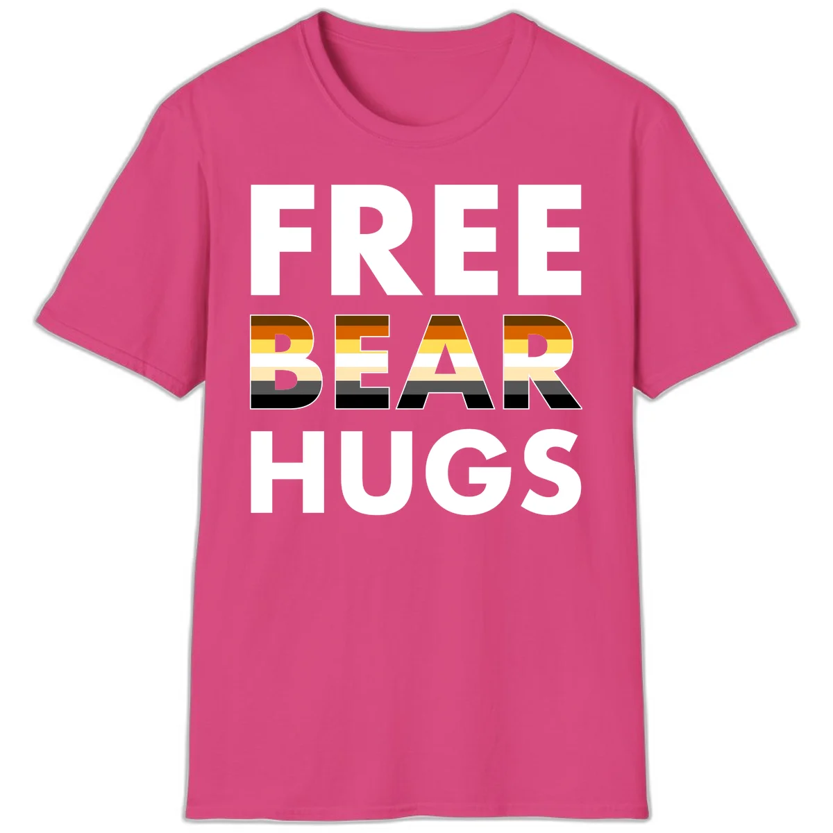 Free Bear Hugs design with bear flag stripes in brown, orange, yellow, tan and black colors featuring pride triangle symbol in Heliconia