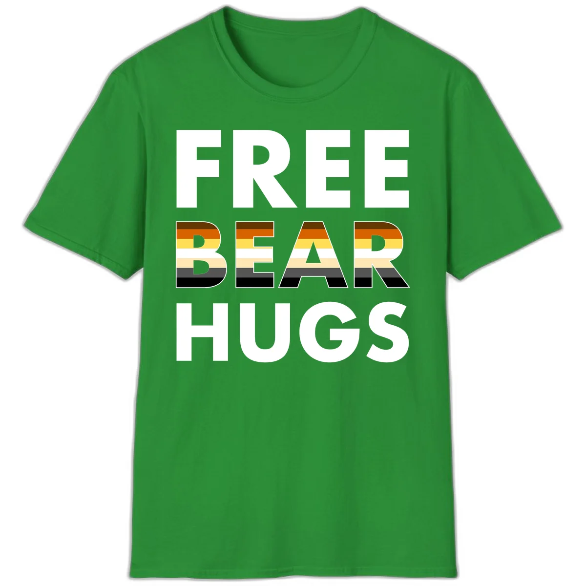 Free Bear Hugs design with bear flag stripes in brown, orange, yellow, tan and black colors featuring pride triangle symbol in Irish Green