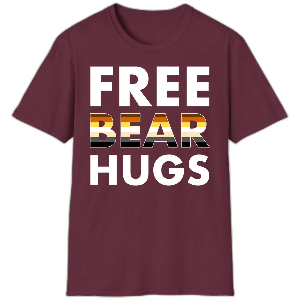 Free Bear Hugs design with bear flag stripes in brown, orange, yellow, tan and black colors featuring pride triangle symbol in Maroon