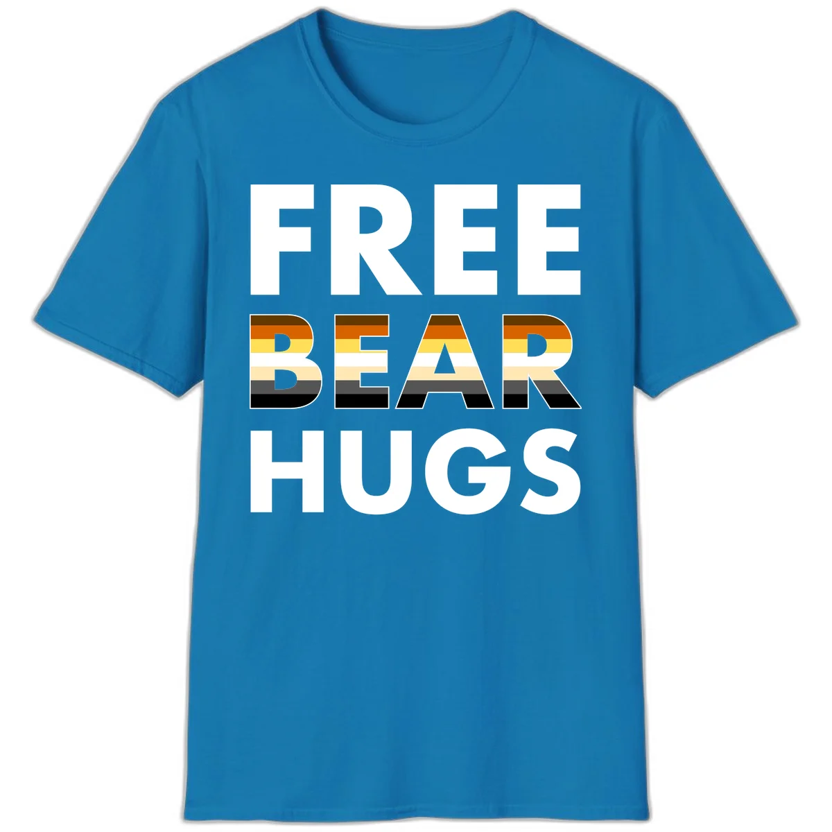 Free Bear Hugs design with bear flag stripes in brown, orange, yellow, tan and black colors featuring pride triangle symbol in Sapphire