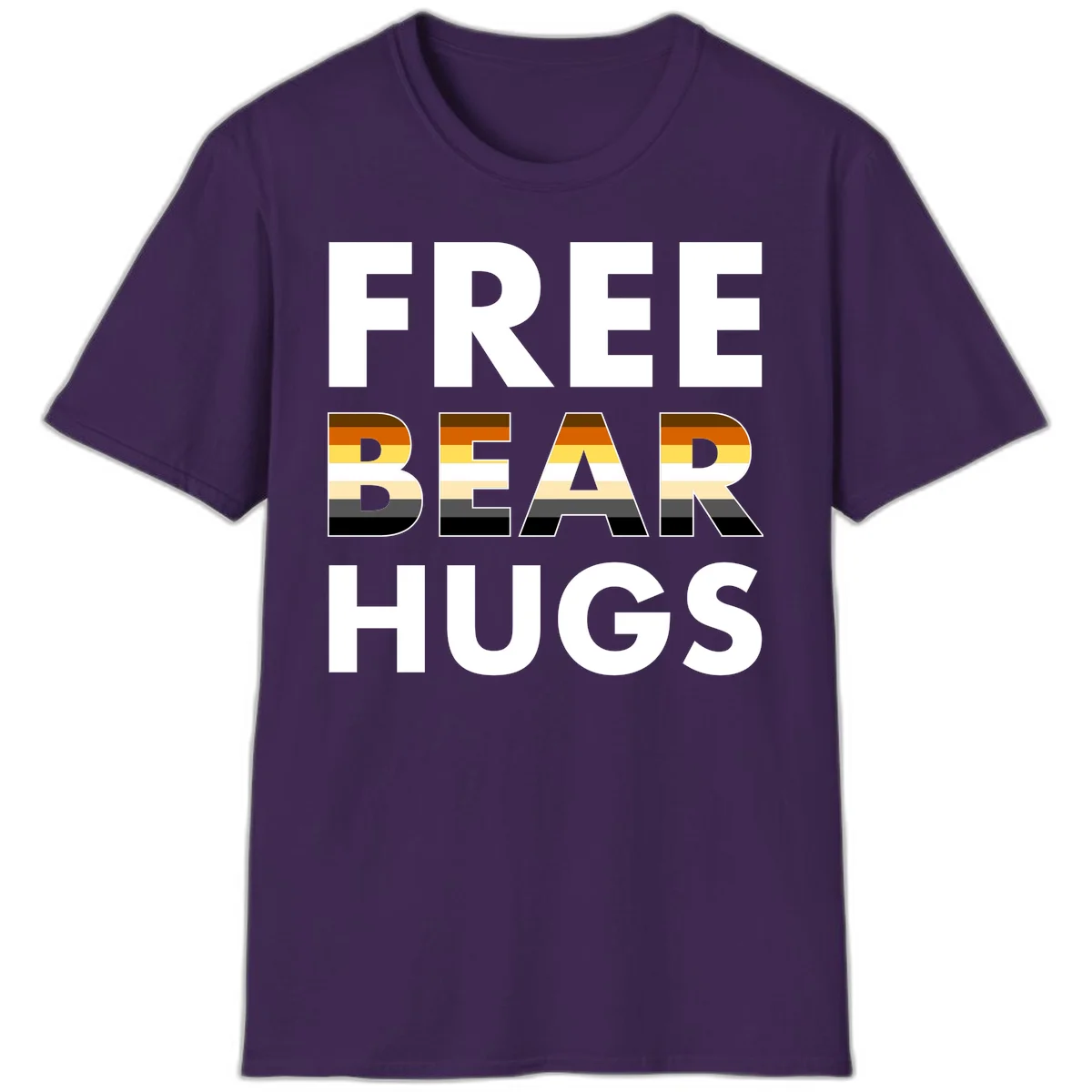 Free Bear Hugs design with bear flag stripes in brown, orange, yellow, tan and black colors featuring pride triangle symbol in Purple