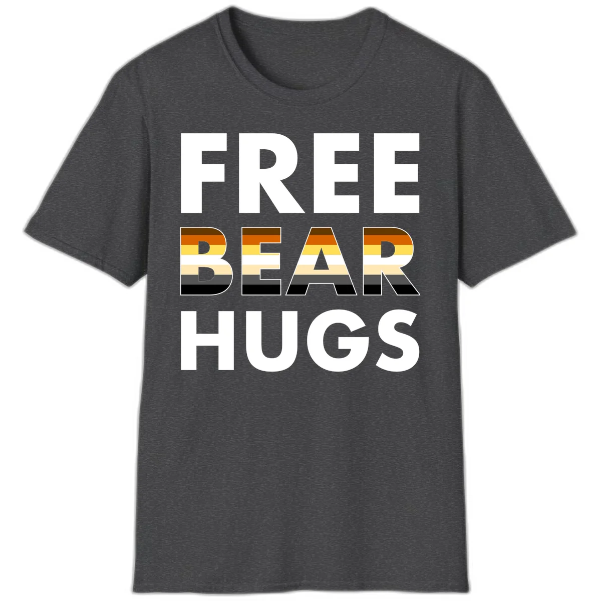 Free Bear Hugs design with bear flag stripes in brown, orange, yellow, tan and black colors featuring pride triangle symbol in Dark Heather