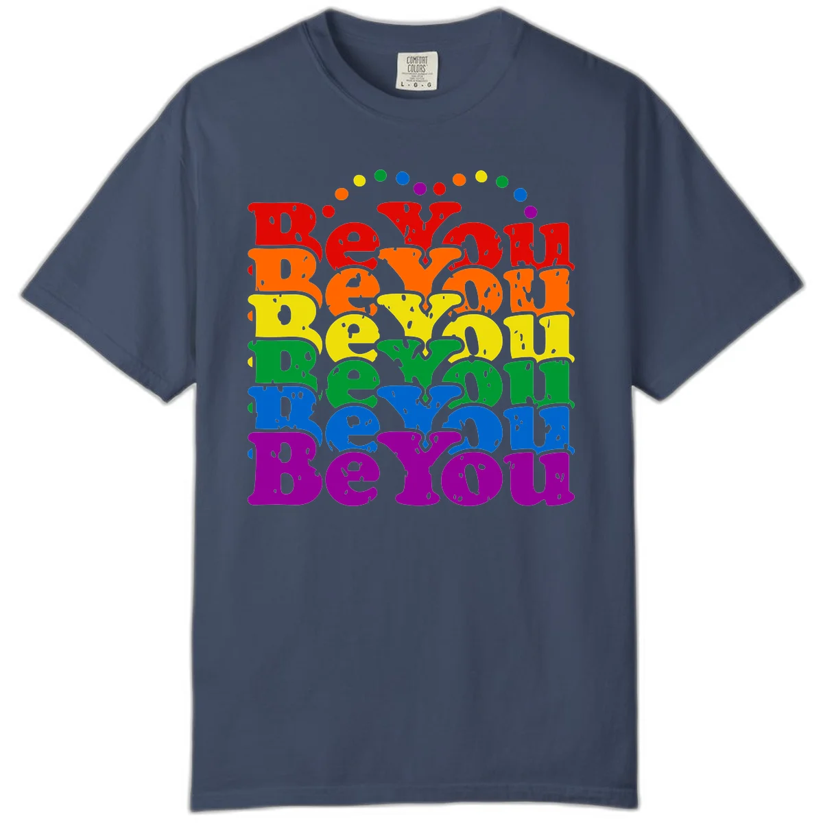 Stacked rainbow-colored letters spelling 'Beyond The Rainbow' with grunge texture and floating colorful circles, pride celebration design in Midnight