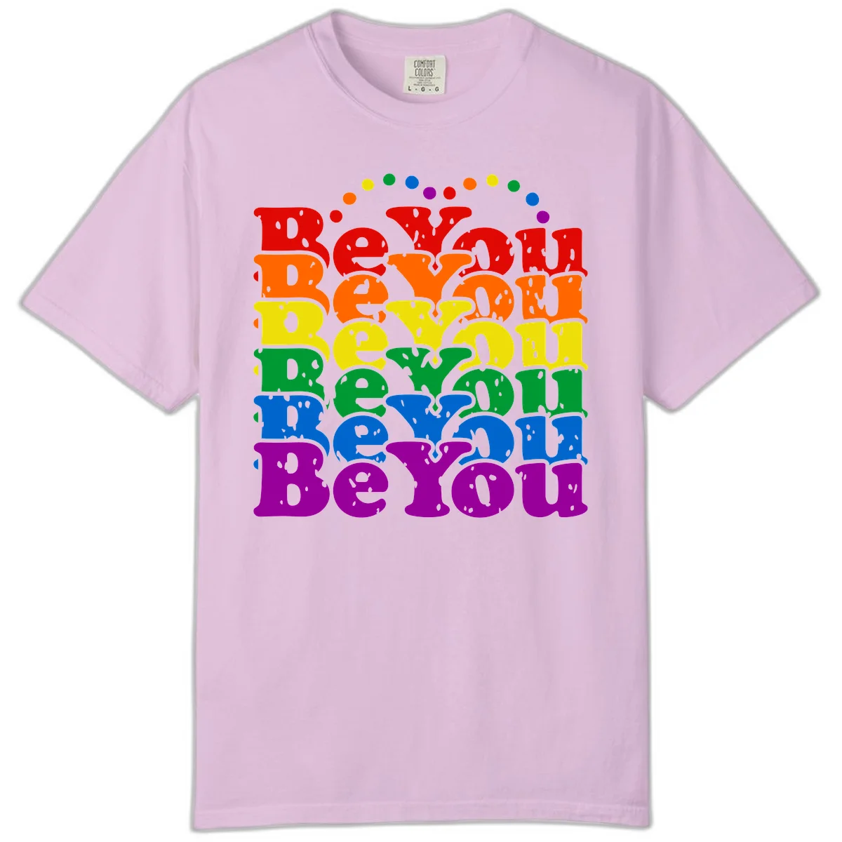 Stacked rainbow-colored letters spelling 'Beyond The Rainbow' with grunge texture and floating colorful circles, pride celebration design in Orchid