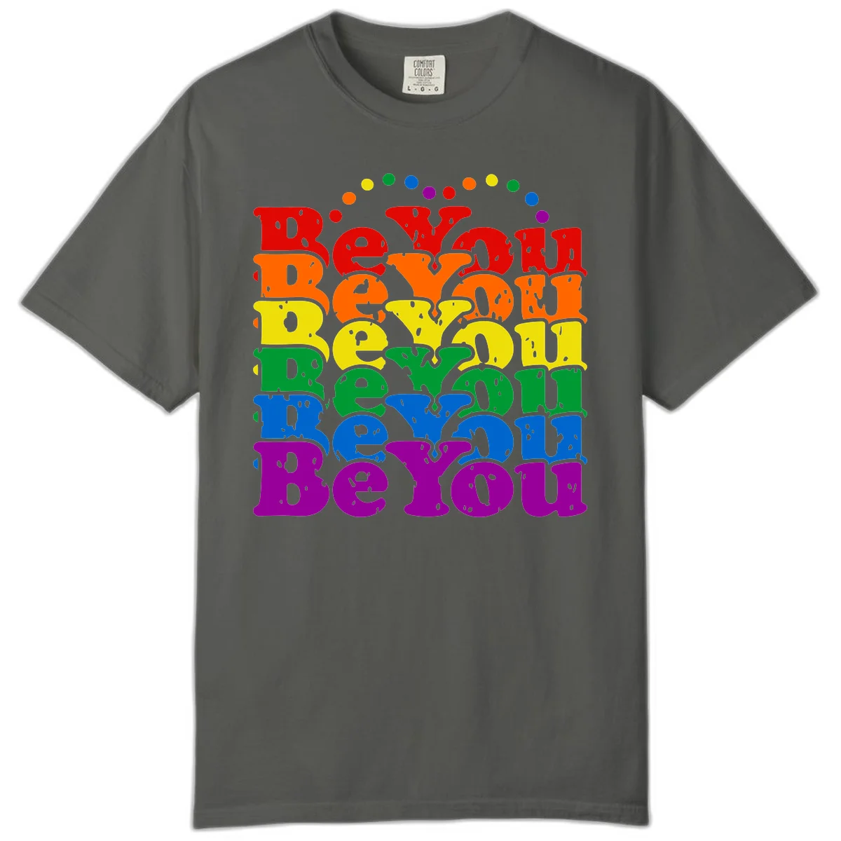 Stacked rainbow-colored letters spelling 'Beyond The Rainbow' with grunge texture and floating colorful circles, pride celebration design in Pepper