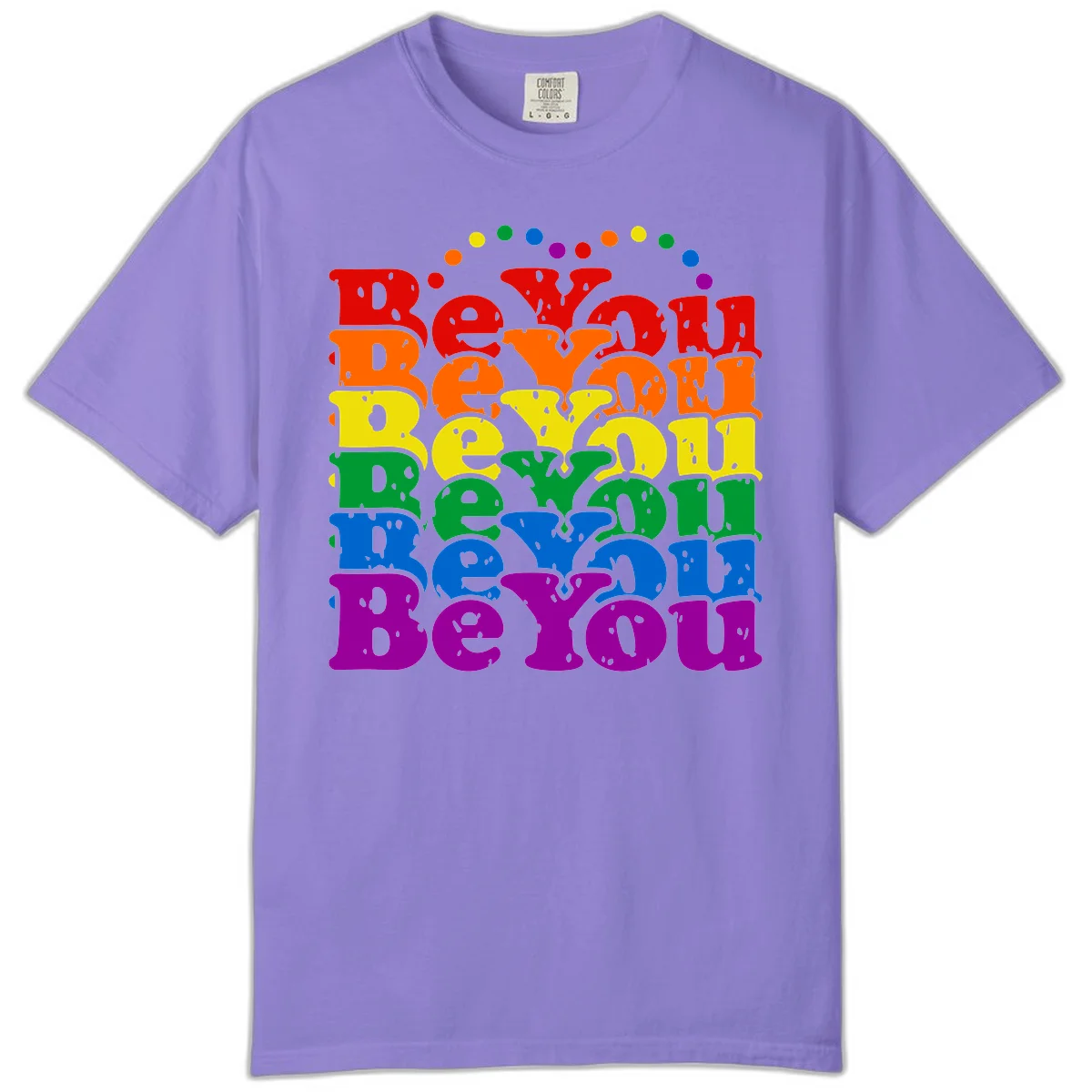 Stacked rainbow-colored letters spelling 'Beyond The Rainbow' with grunge texture and floating colorful circles, pride celebration design in Violet
