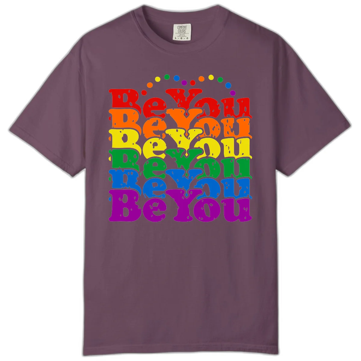 Stacked rainbow-colored letters spelling 'Beyond The Rainbow' with grunge texture and floating colorful circles, pride celebration design in Berry