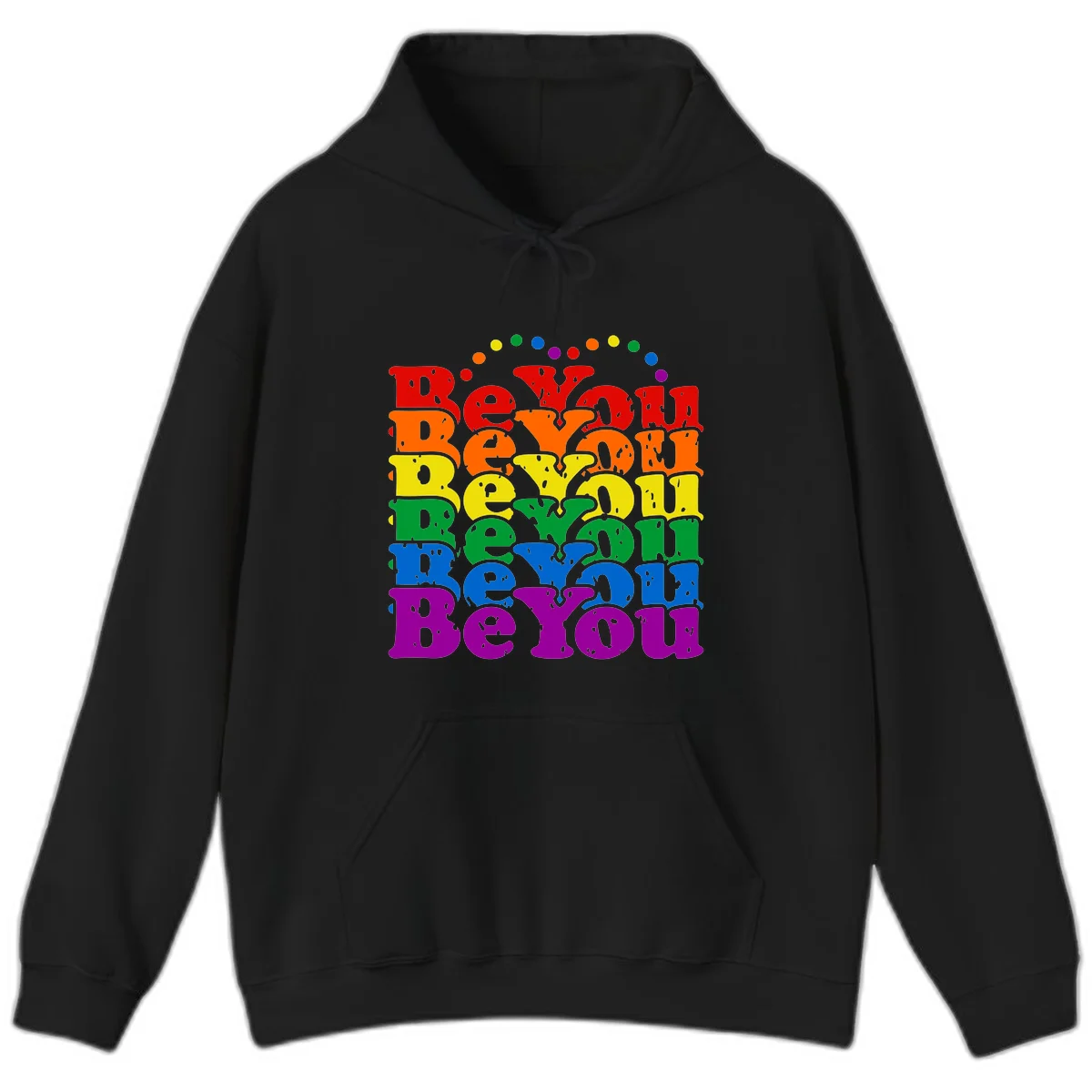 Stacked rainbow-colored letters spelling 'Beyond The Rainbow' with grunge texture and floating colorful circles, pride celebration design in Black