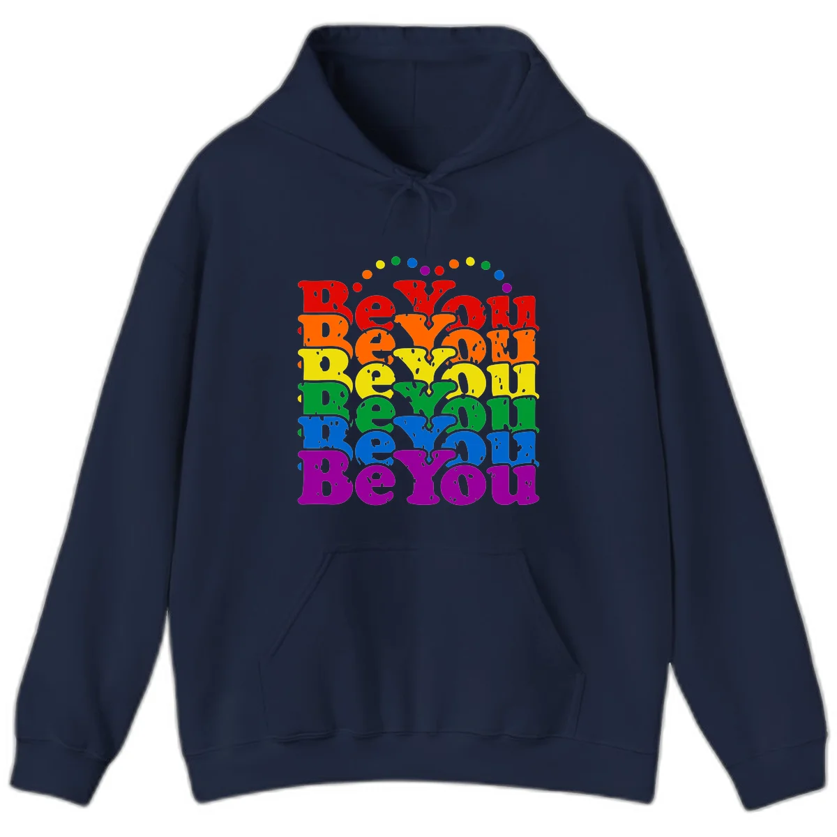 Stacked rainbow-colored letters spelling 'Beyond The Rainbow' with grunge texture and floating colorful circles, pride celebration design in Navy
