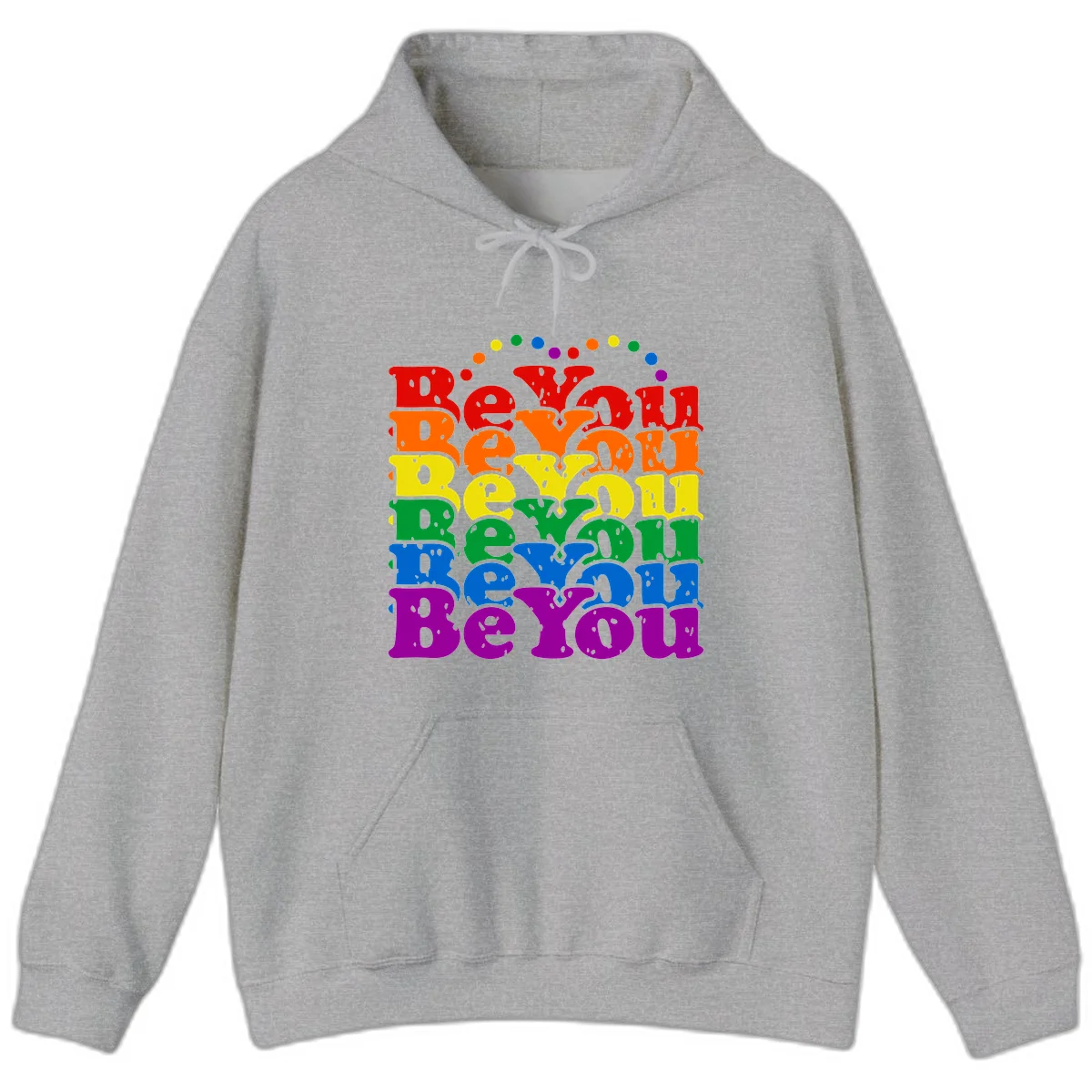 Stacked rainbow-colored letters spelling 'Beyond The Rainbow' with grunge texture and floating colorful circles, pride celebration design in Sport Grey