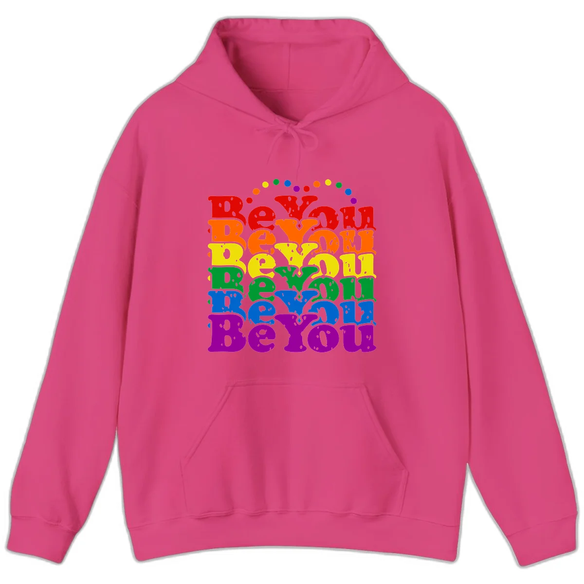 Stacked rainbow-colored letters spelling 'Beyond The Rainbow' with grunge texture and floating colorful circles, pride celebration design in Heliconia