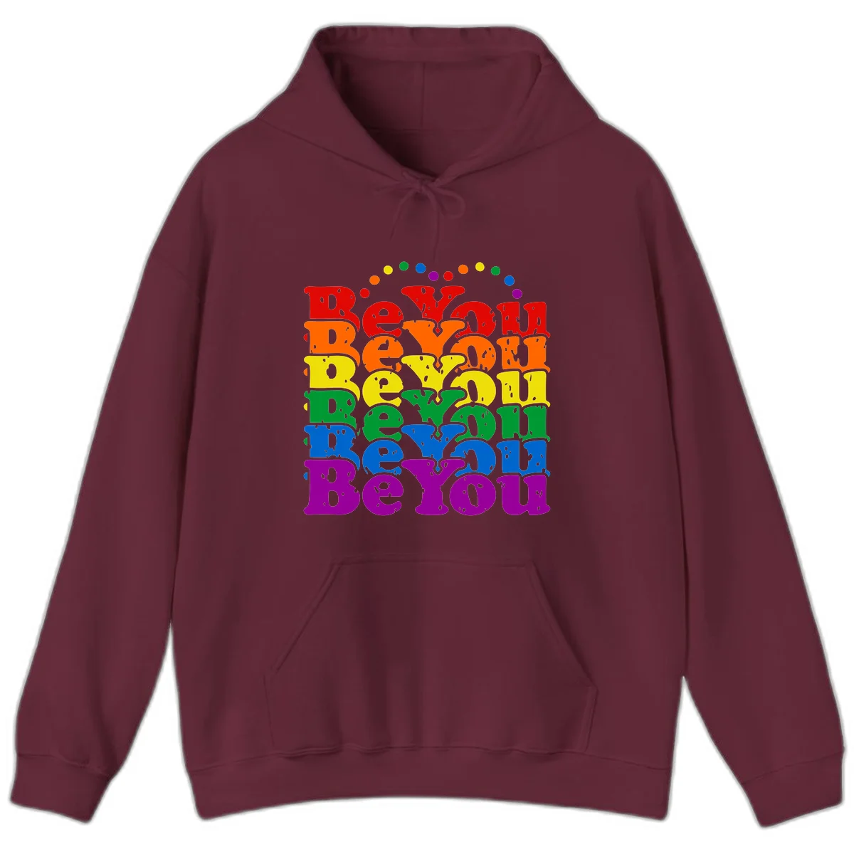 Stacked rainbow-colored letters spelling 'Beyond The Rainbow' with grunge texture and floating colorful circles, pride celebration design in Maroon