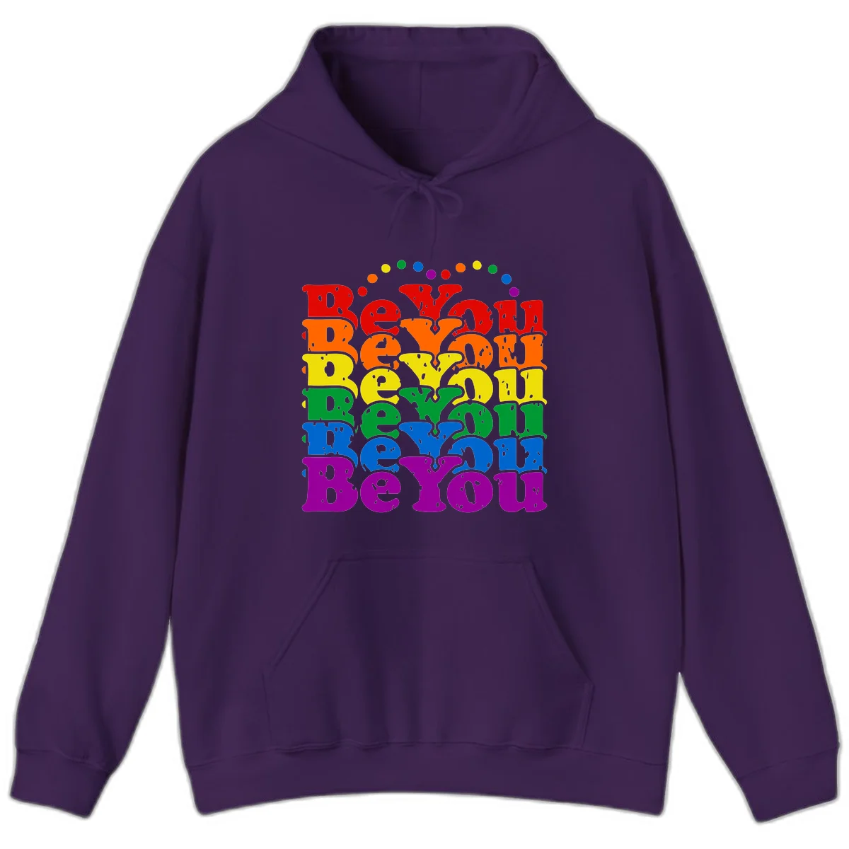 Stacked rainbow-colored letters spelling 'Beyond The Rainbow' with grunge texture and floating colorful circles, pride celebration design in Purple
