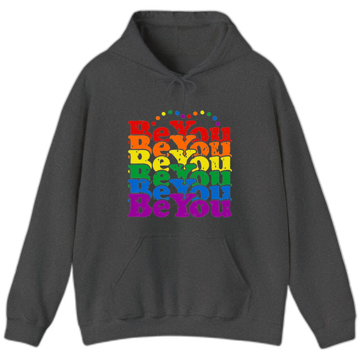 Stacked rainbow-colored letters spelling 'Beyond The Rainbow' with grunge texture and floating colorful circles, pride celebration design in Dark Heather