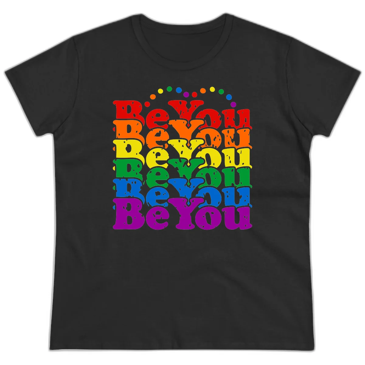 Stacked rainbow-colored letters spelling 'Beyond The Rainbow' with grunge texture and floating colorful circles, pride celebration design in Black