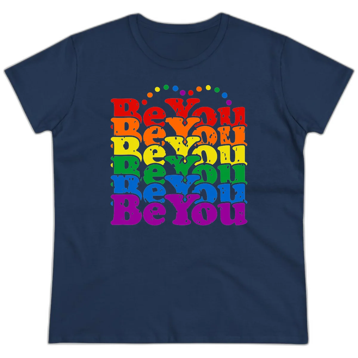 Stacked rainbow-colored letters spelling 'Beyond The Rainbow' with grunge texture and floating colorful circles, pride celebration design in Navy