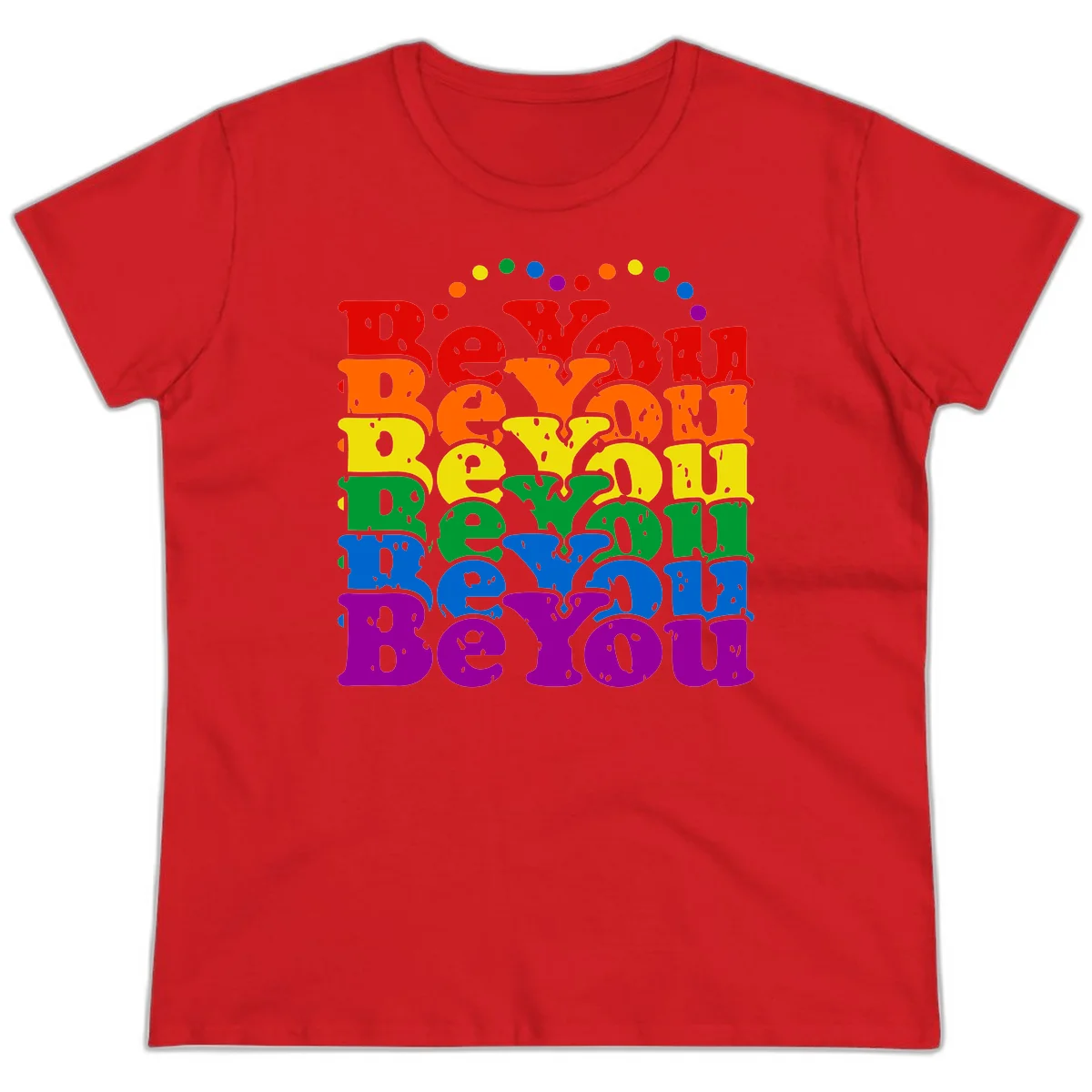 Stacked rainbow-colored letters spelling 'Beyond The Rainbow' with grunge texture and floating colorful circles, pride celebration design in Red