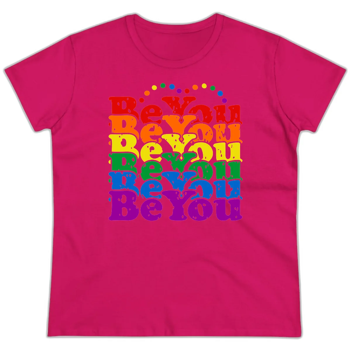 Stacked rainbow-colored letters spelling 'Beyond The Rainbow' with grunge texture and floating colorful circles, pride celebration design in Heliconia