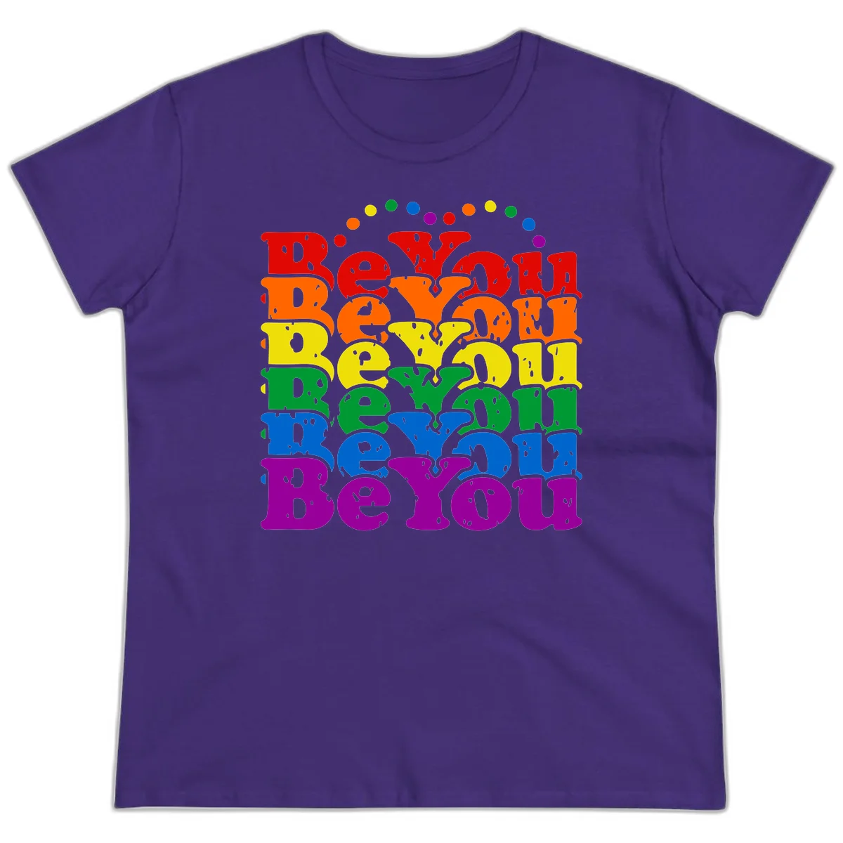 Stacked rainbow-colored letters spelling 'Beyond The Rainbow' with grunge texture and floating colorful circles, pride celebration design in Purple