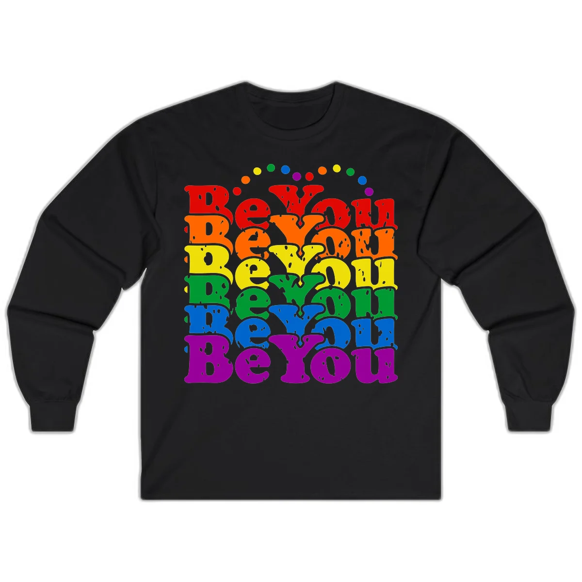 Stacked rainbow-colored letters spelling 'Beyond The Rainbow' with grunge texture and floating colorful circles, pride celebration design in Black