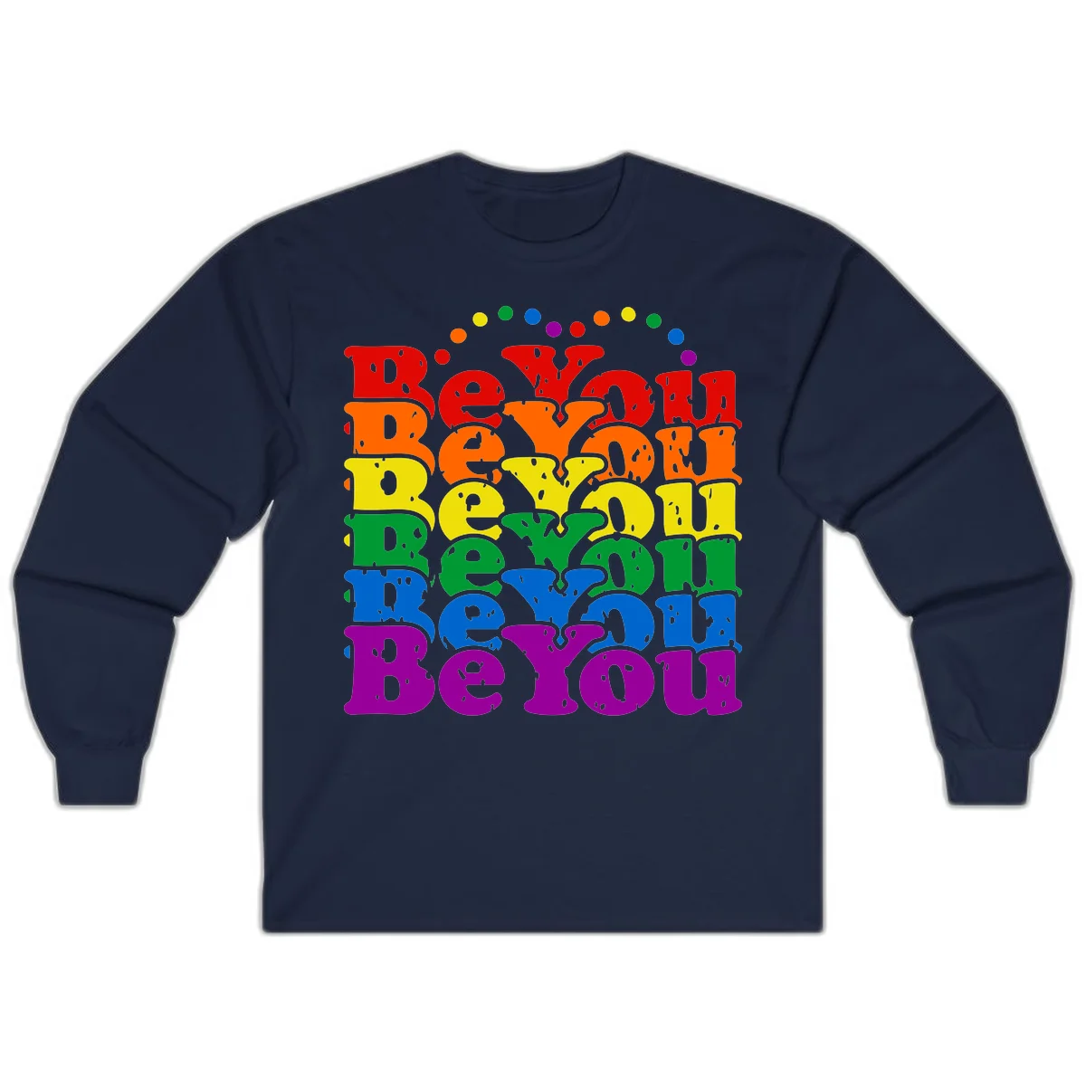 Stacked rainbow-colored letters spelling 'Beyond The Rainbow' with grunge texture and floating colorful circles, pride celebration design in Navy