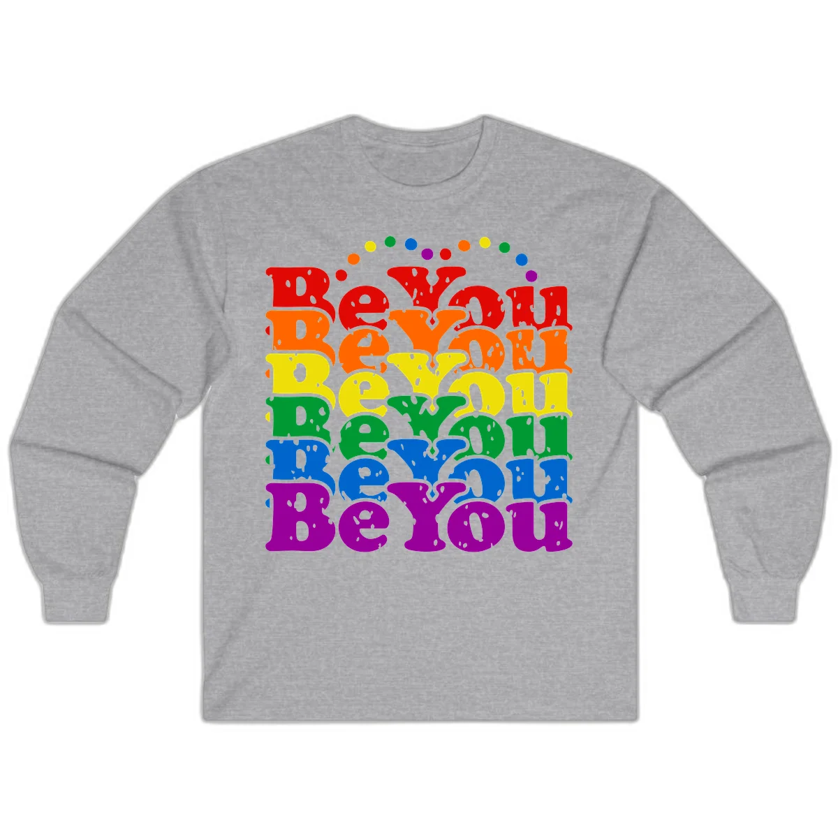 Stacked rainbow-colored letters spelling 'Beyond The Rainbow' with grunge texture and floating colorful circles, pride celebration design in Sport Grey