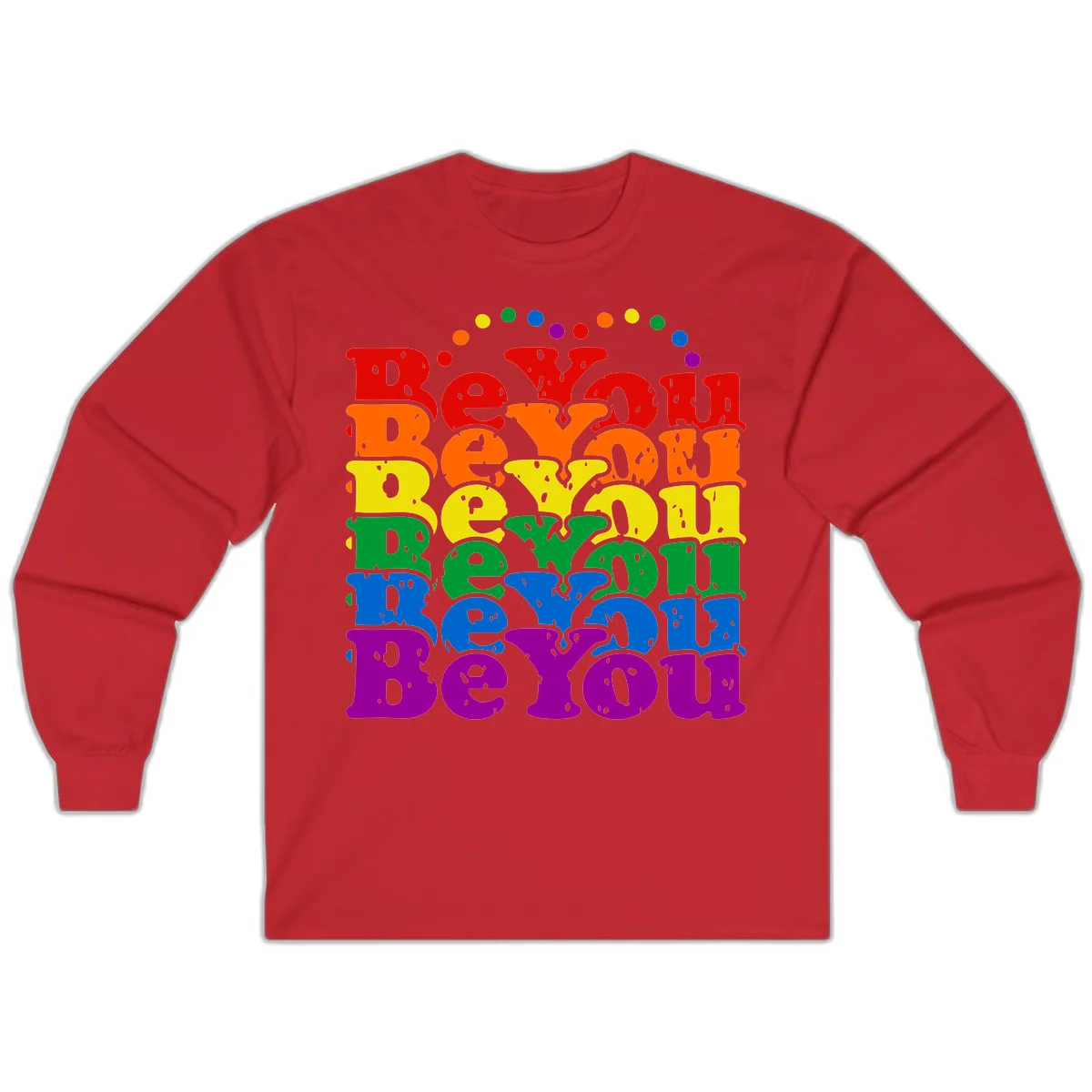 Stacked rainbow-colored letters spelling 'Beyond The Rainbow' with grunge texture and floating colorful circles, pride celebration design in Red