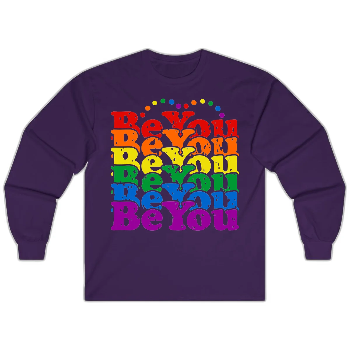 Stacked rainbow-colored letters spelling 'Beyond The Rainbow' with grunge texture and floating colorful circles, pride celebration design in Purple