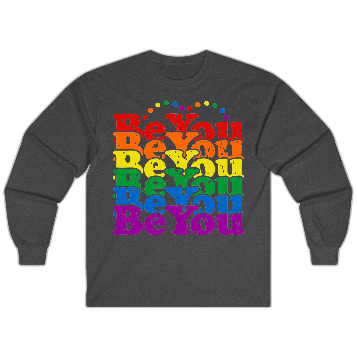 Stacked rainbow-colored letters spelling 'Beyond The Rainbow' with grunge texture and floating colorful circles, pride celebration design in Dark Heather