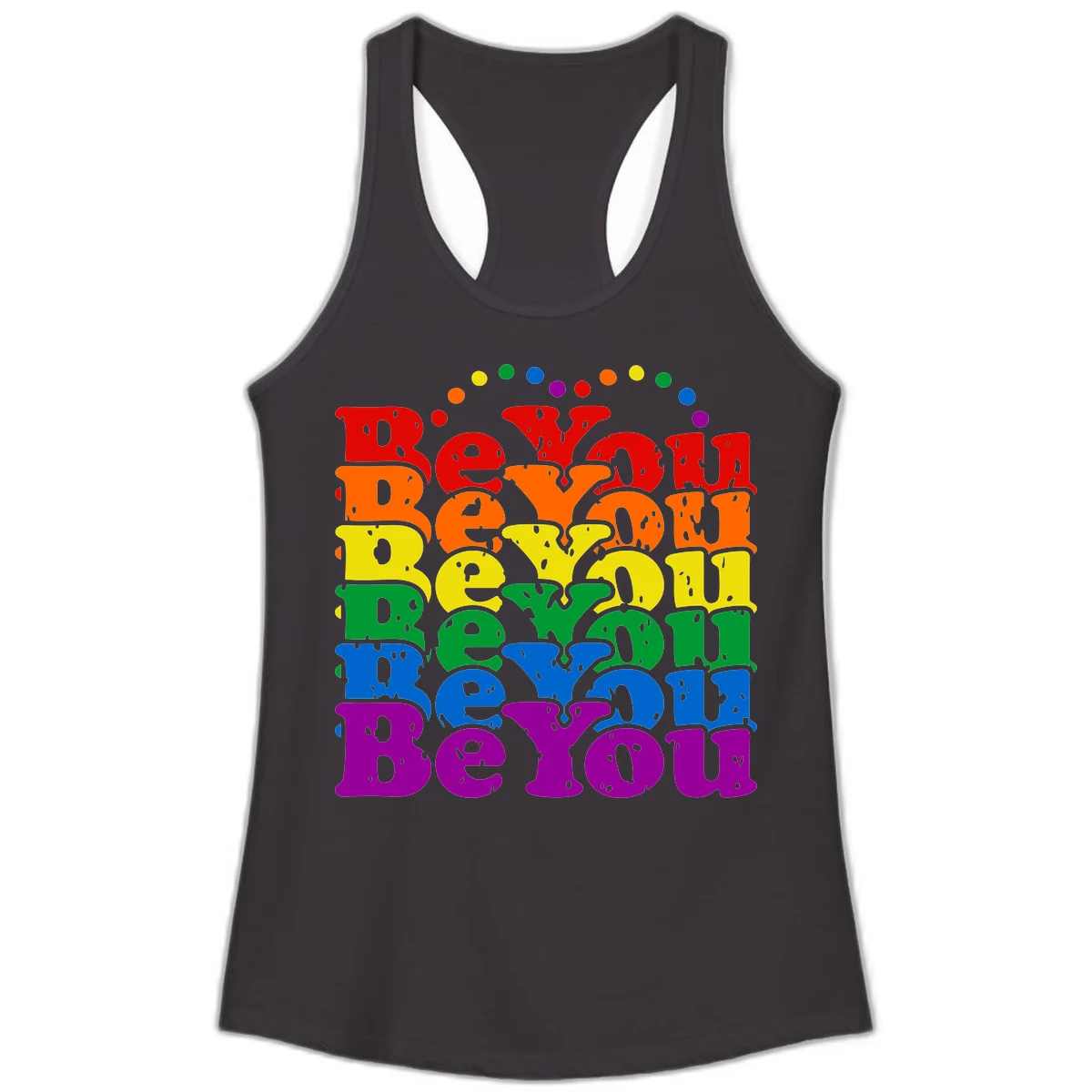 Stacked rainbow-colored letters spelling 'Beyond The Rainbow' with grunge texture and floating colorful circles, pride celebration design in Black
