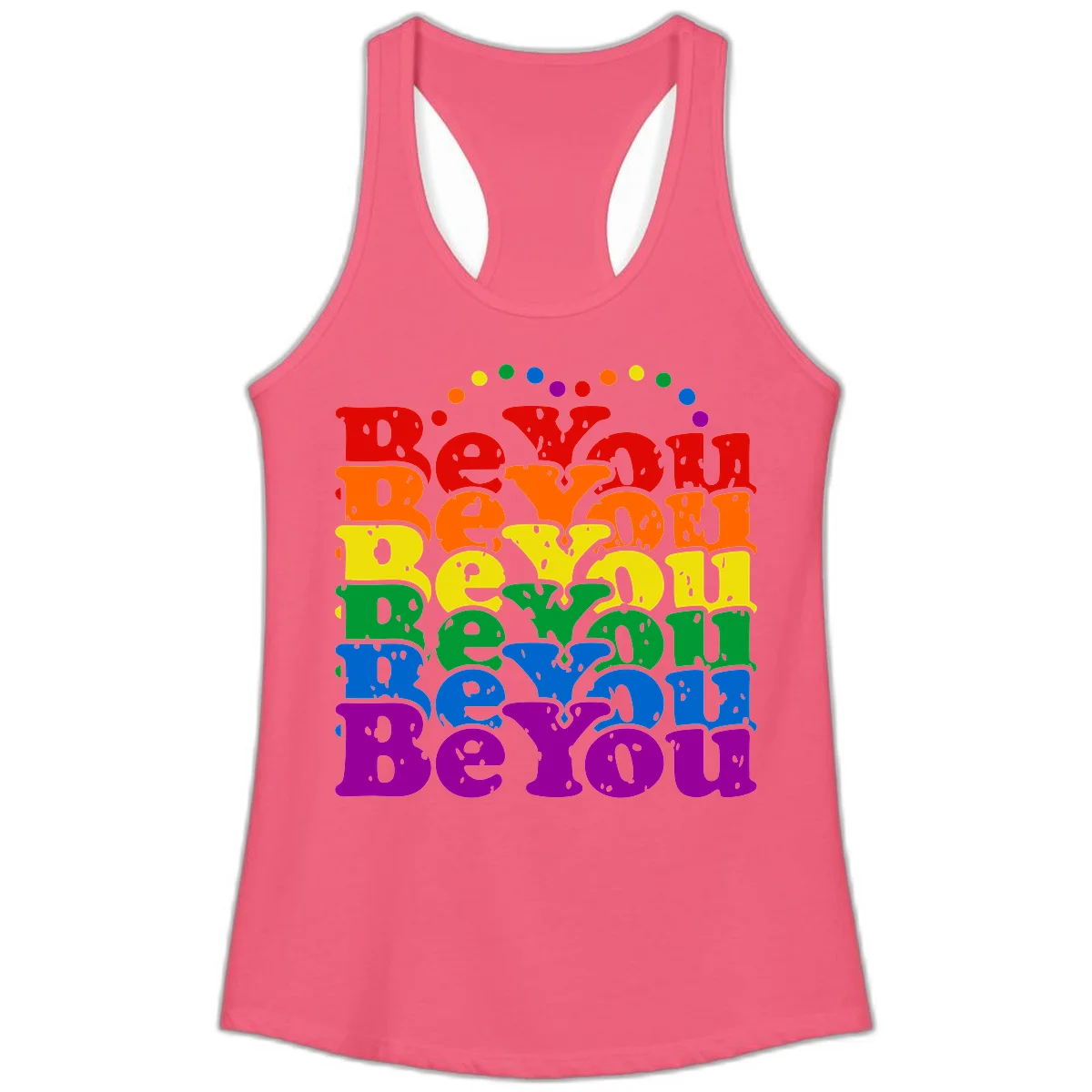 Stacked rainbow-colored letters spelling 'Beyond The Rainbow' with grunge texture and floating colorful circles, pride celebration design in Hot Pink