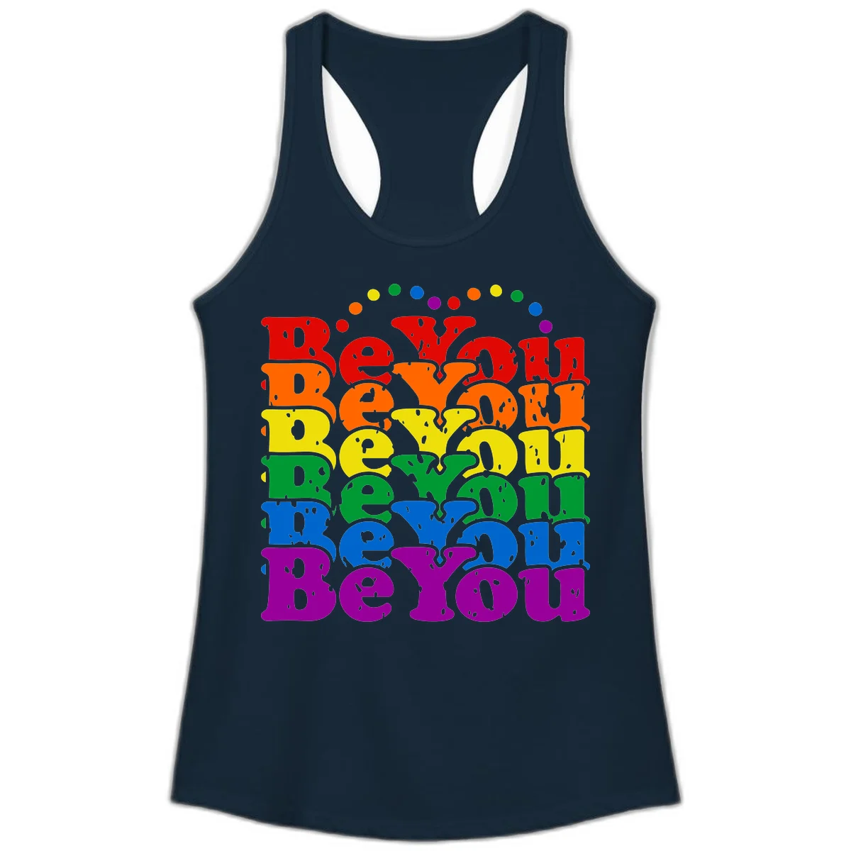 Stacked rainbow-colored letters spelling 'Beyond The Rainbow' with grunge texture and floating colorful circles, pride celebration design in Solid Midnight Navy