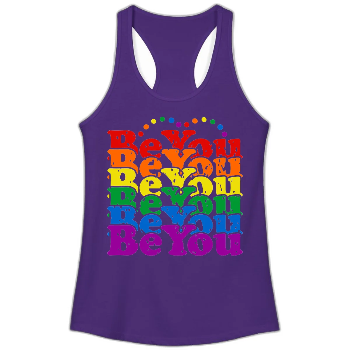Stacked rainbow-colored letters spelling 'Beyond The Rainbow' with grunge texture and floating colorful circles, pride celebration design in Solid Purple Rush