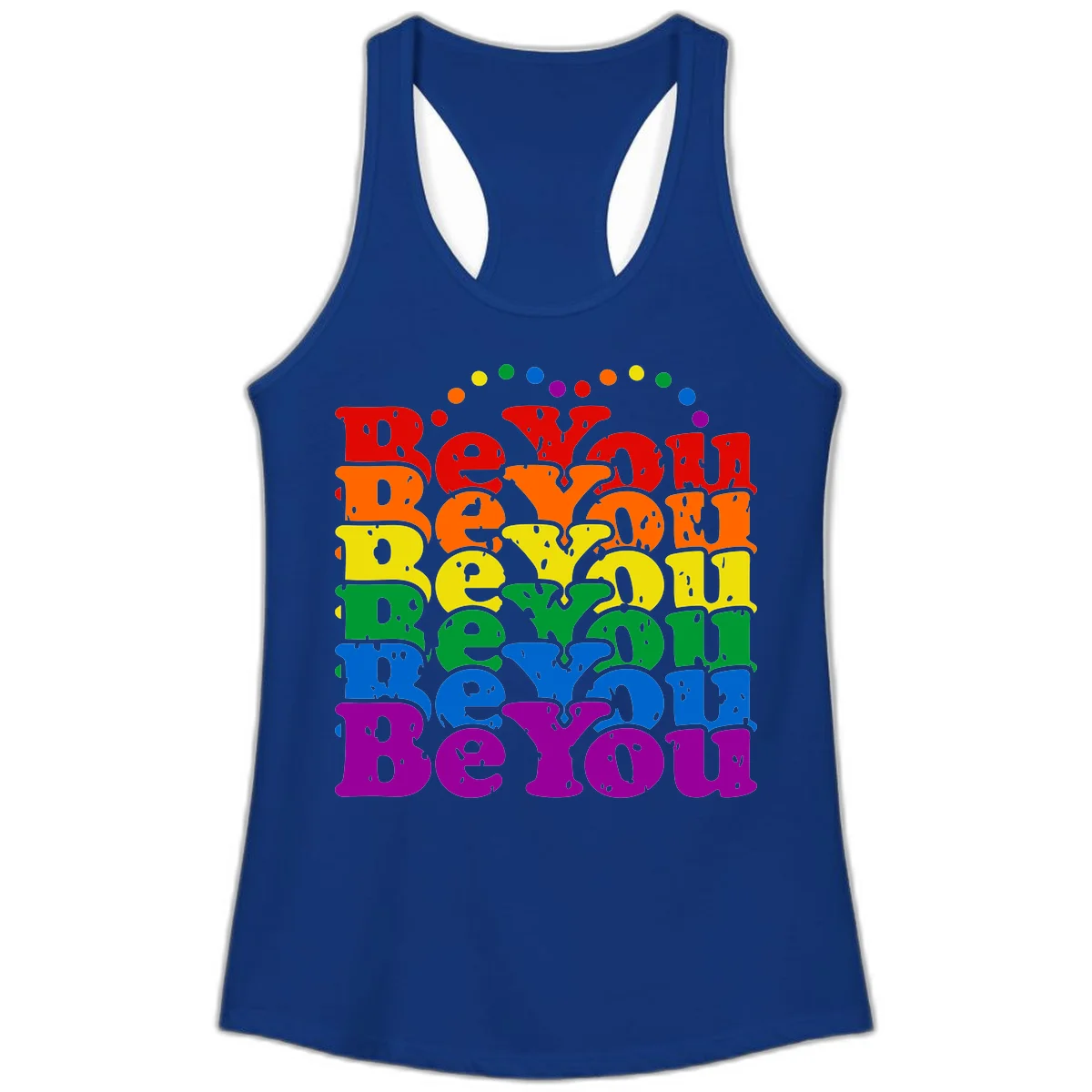 Stacked rainbow-colored letters spelling 'Beyond The Rainbow' with grunge texture and floating colorful circles, pride celebration design in Solid Royal