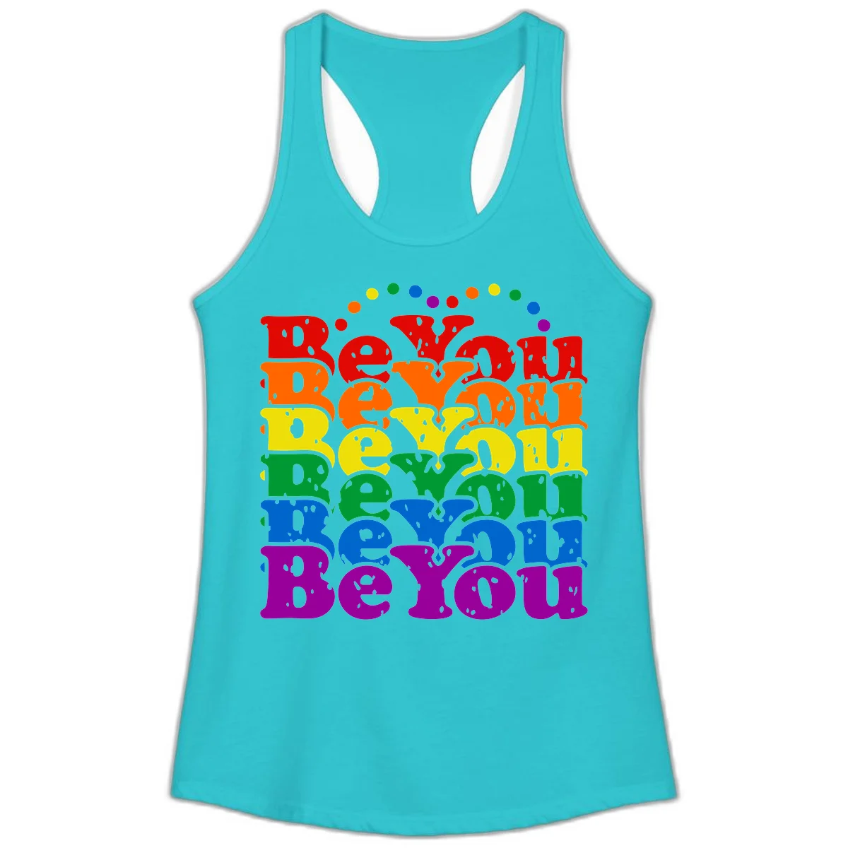 Stacked rainbow-colored letters spelling 'Beyond The Rainbow' with grunge texture and floating colorful circles, pride celebration design in Solid Tahiti Blue