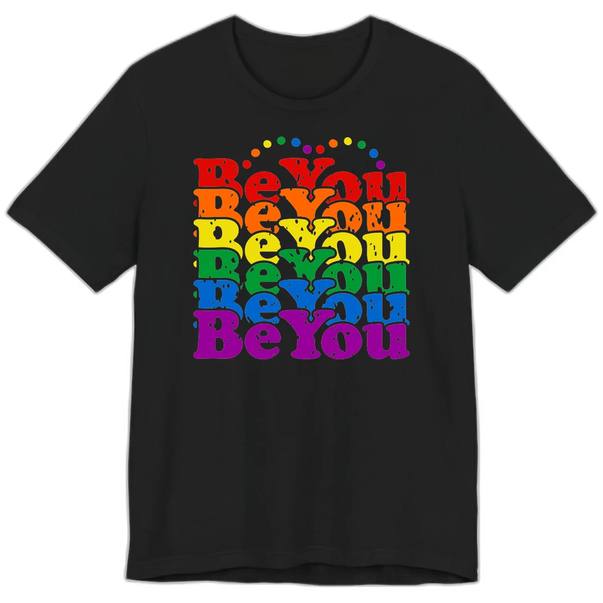 Stacked rainbow-colored letters spelling 'Beyond The Rainbow' with grunge texture and floating colorful circles, pride celebration design in Black
