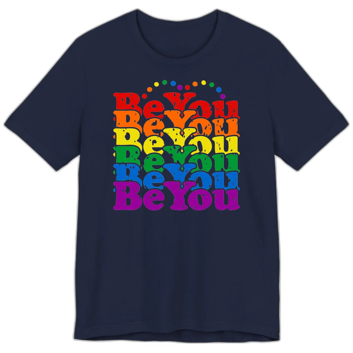 Stacked rainbow-colored letters spelling 'Beyond The Rainbow' with grunge texture and floating colorful circles, pride celebration design in Navy