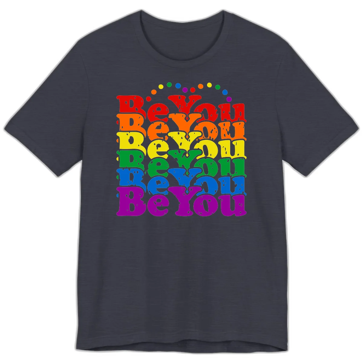 Stacked rainbow-colored letters spelling 'Beyond The Rainbow' with grunge texture and floating colorful circles, pride celebration design in Heather Midnight Navy