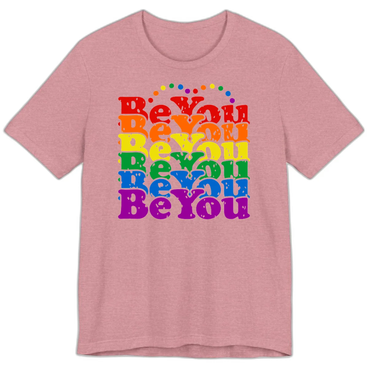 Stacked rainbow-colored letters spelling 'Beyond The Rainbow' with grunge texture and floating colorful circles, pride celebration design in Heather Orchid