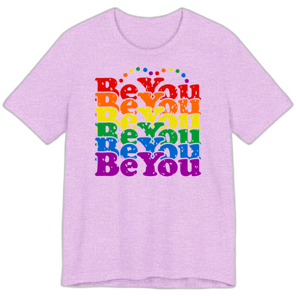 Stacked rainbow-colored letters spelling 'Beyond The Rainbow' with grunge texture and floating colorful circles, pride celebration design in Heather Prism Lilac