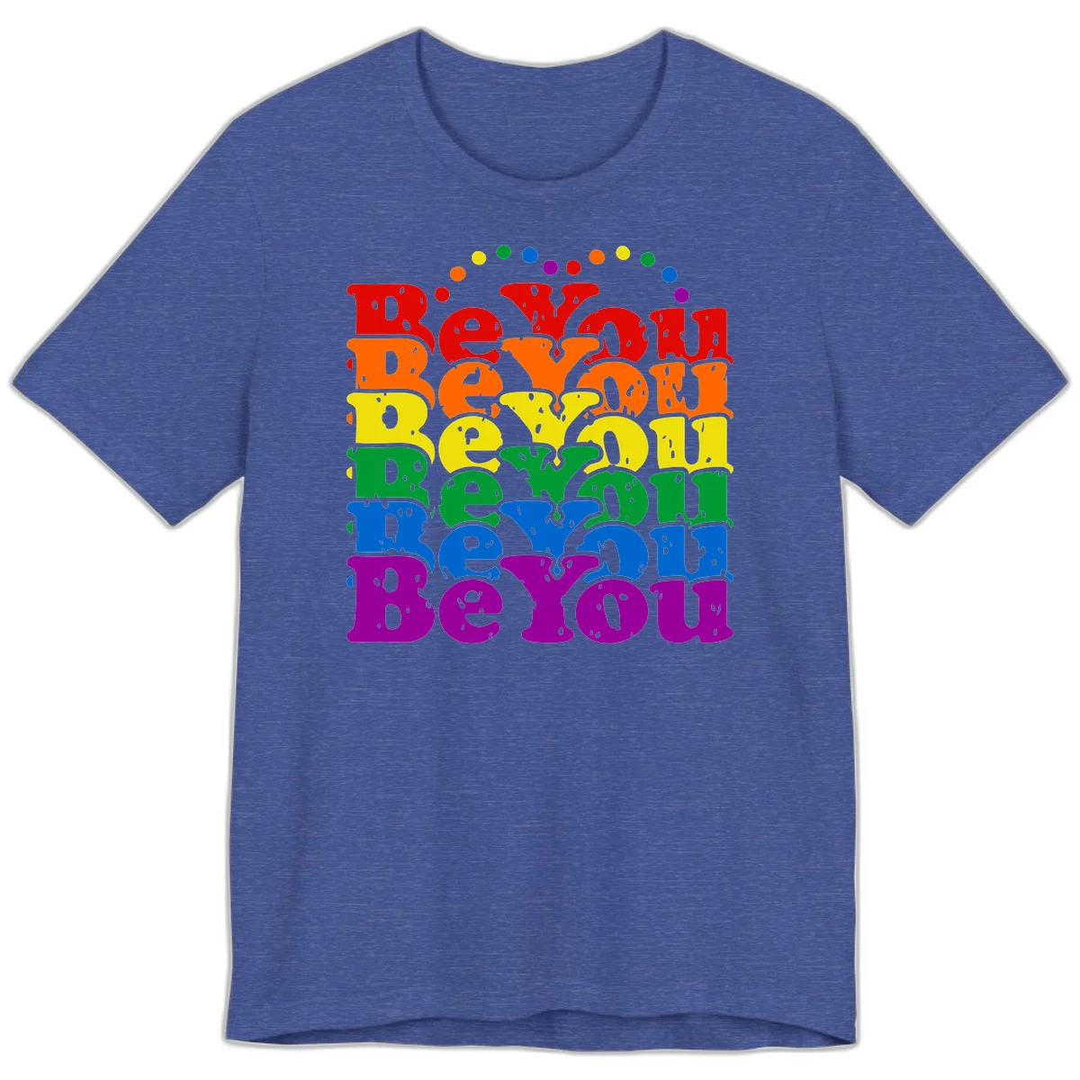 Stacked rainbow-colored letters spelling 'Beyond The Rainbow' with grunge texture and floating colorful circles, pride celebration design in Heather True Royal