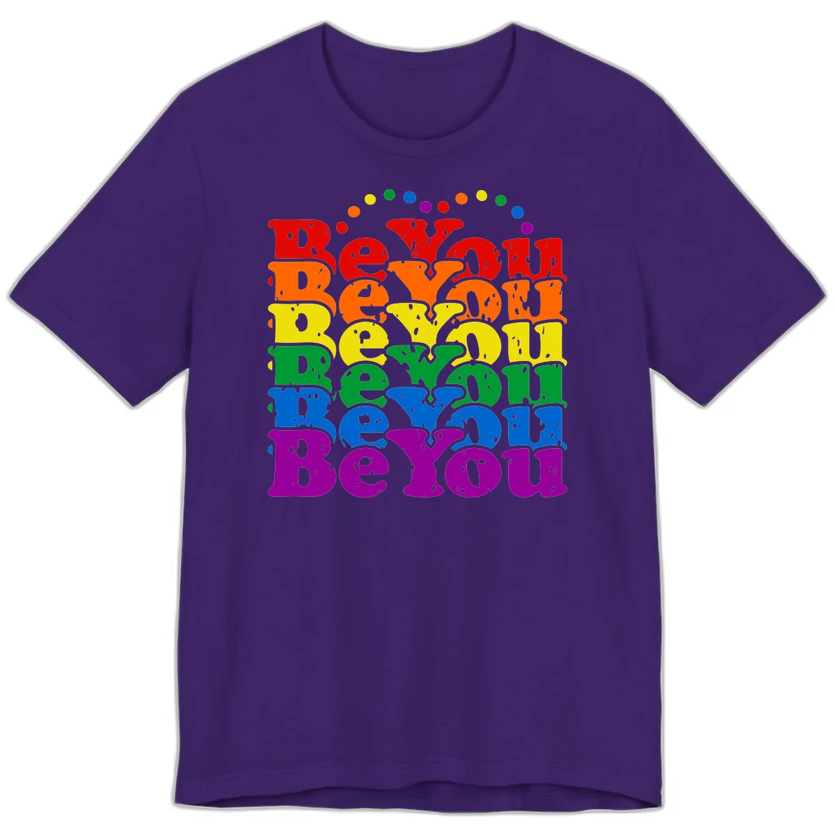 Stacked rainbow-colored letters spelling 'Beyond The Rainbow' with grunge texture and floating colorful circles, pride celebration design in Team Purple