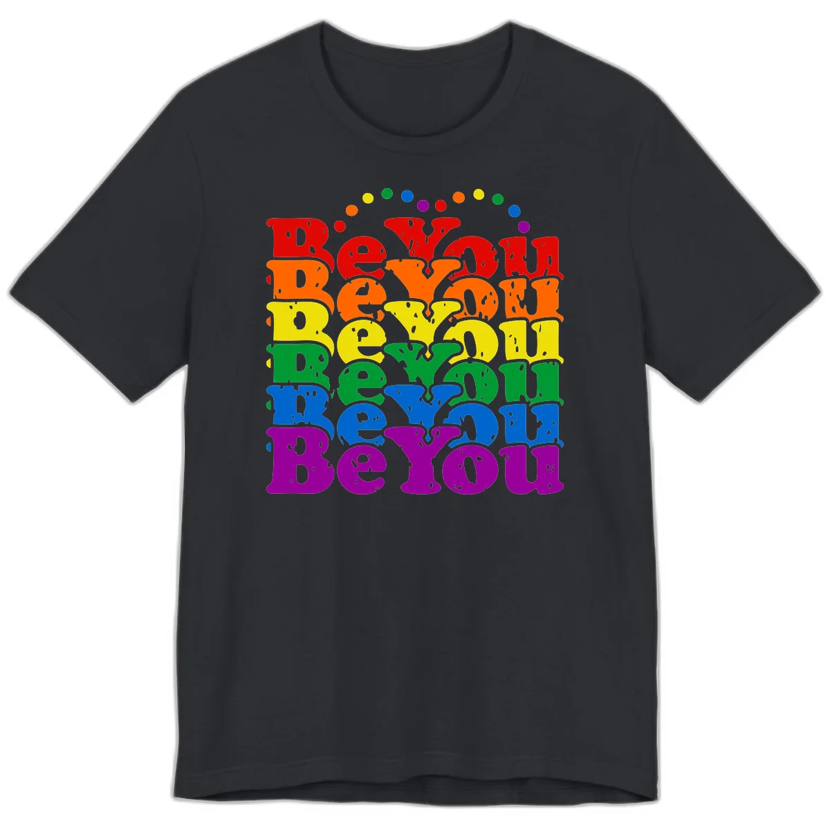 Stacked rainbow-colored letters spelling 'Beyond The Rainbow' with grunge texture and floating colorful circles, pride celebration design in Vintage Black