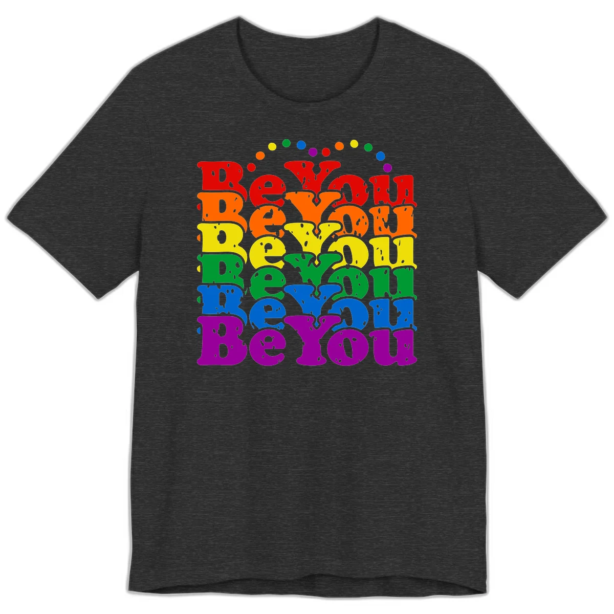 Stacked rainbow-colored letters spelling 'Beyond The Rainbow' with grunge texture and floating colorful circles, pride celebration design in Dark Grey Heather