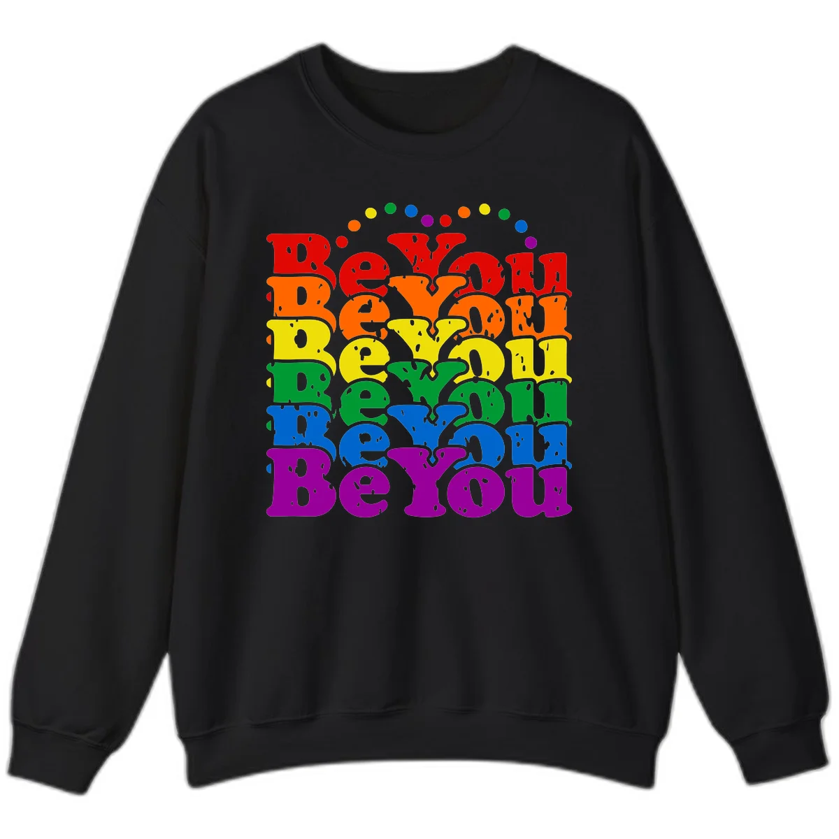 Stacked rainbow-colored letters spelling 'Beyond The Rainbow' with grunge texture and floating colorful circles, pride celebration design in Black